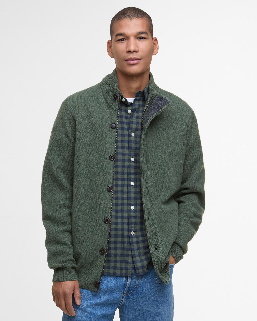 Barbour Essential Patch Zip Through Knitted Jumper Ζακετα Λαδί