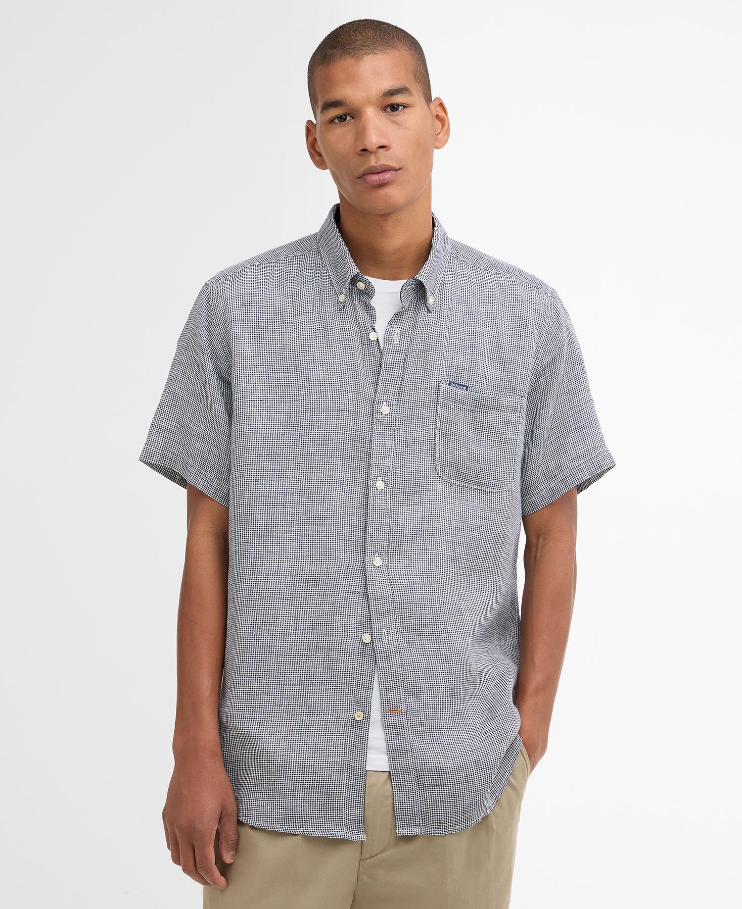 Barbour Linton Linen S/s Tailored Shirt Πουκαμισο Σκούρο Μπλε